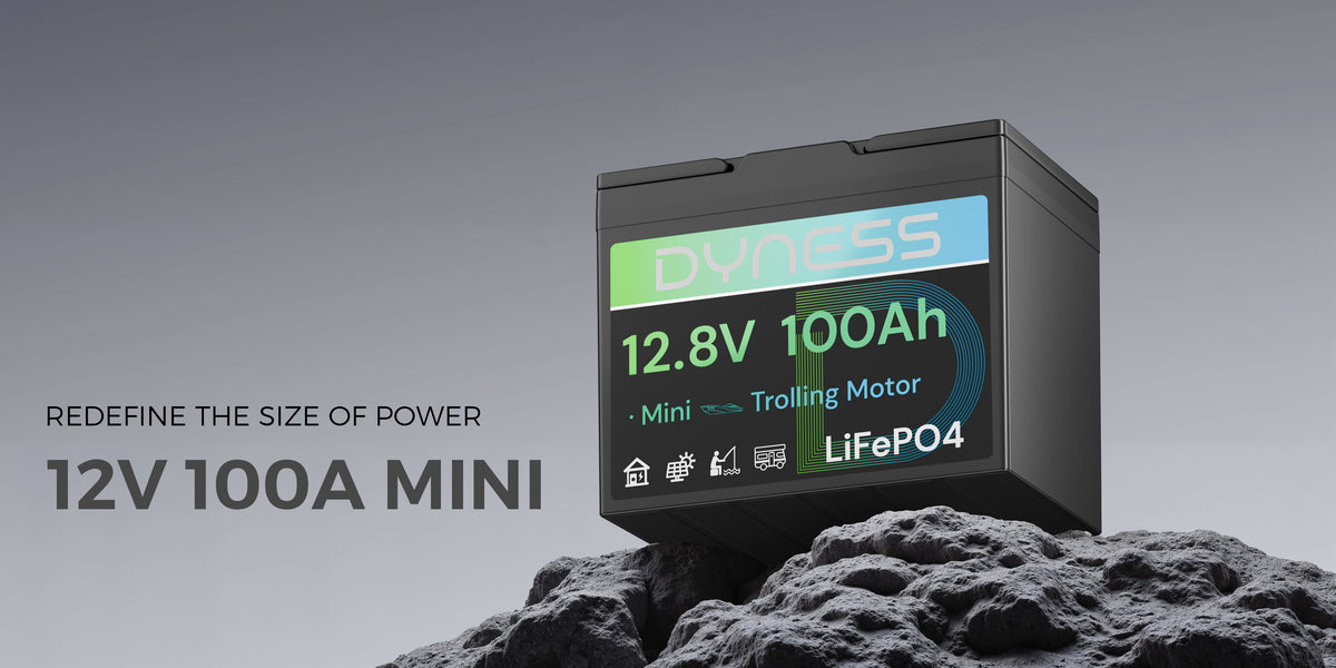 Dynesspower 12V 100Ah LiFePO4 deep cycle battery shown in an RV and outdoor power setup